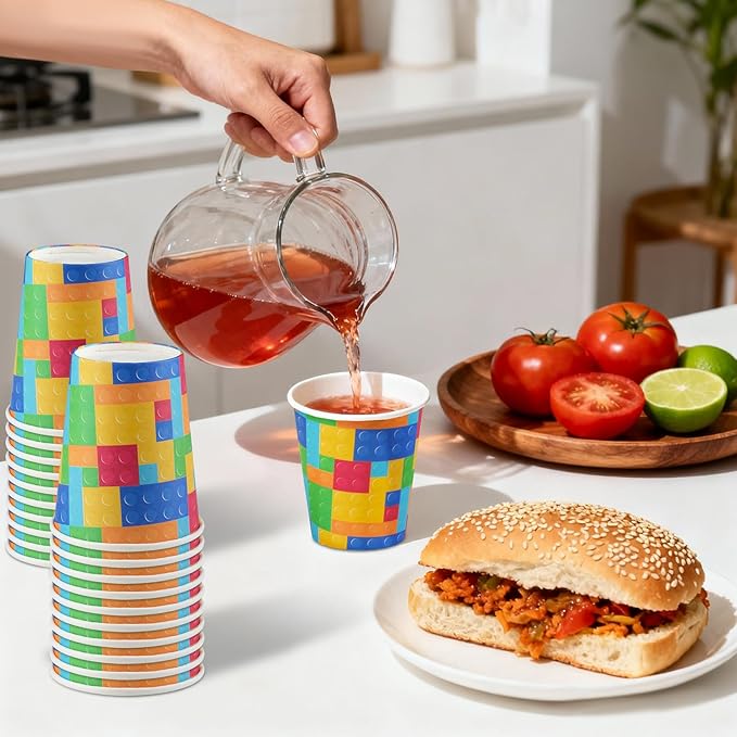 8 oz 50 Pack Disposable Paper Coffee Cups, Disposable Paper Cups for Cold and Hot Drinks, Leak-Proof Drinking Cups for Office, Party, Home, Picnic, Travel and Events (Colored Blocks)