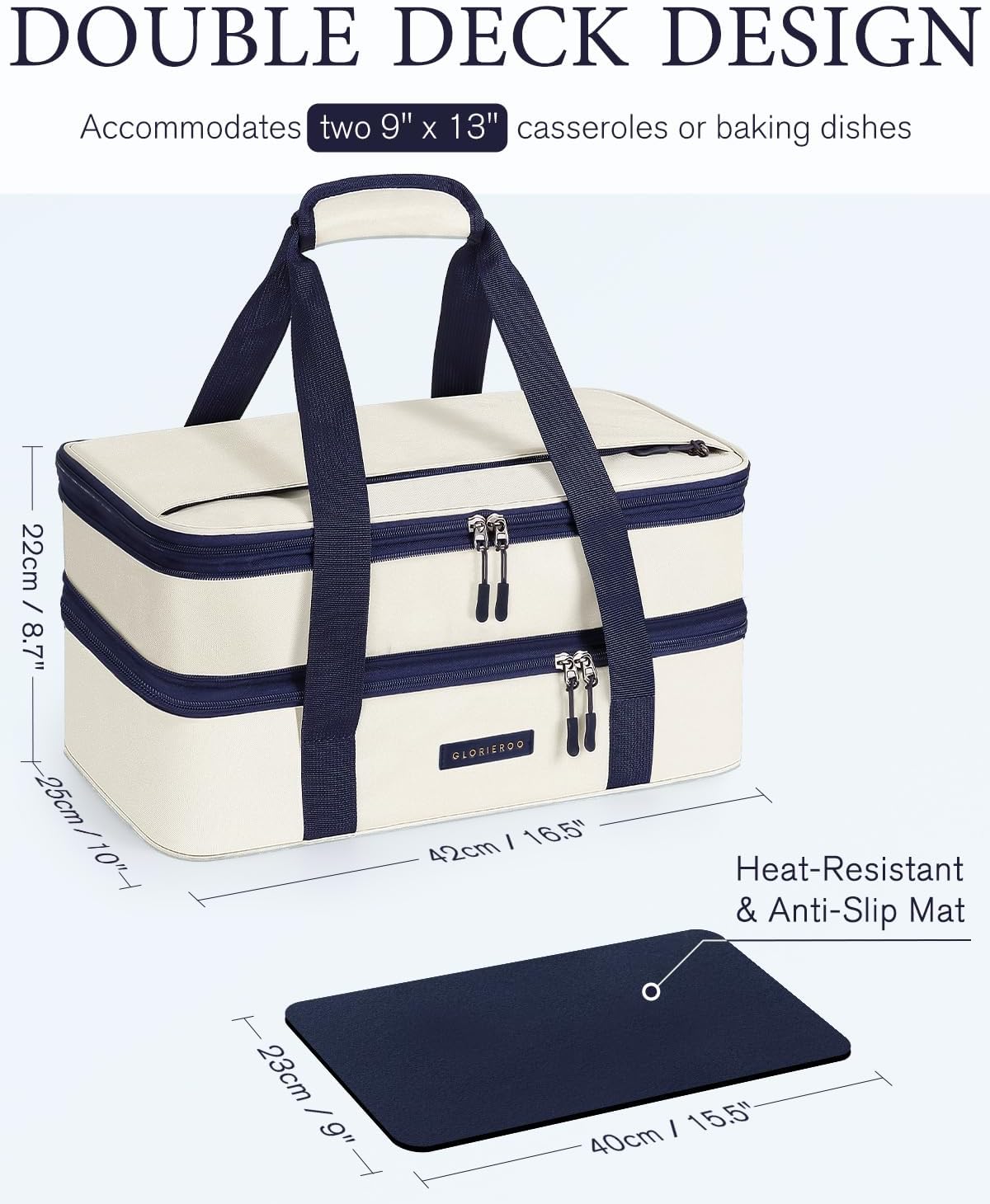 Insulated Casserole Carrier for Hot or Cold Food 9x13 - Double Deck Food Container Bag Warmer with Heat-Resistant Mat for Potluck Parties Picnic Cookouts Fits 9" x 13" Casserole or Baking Dish