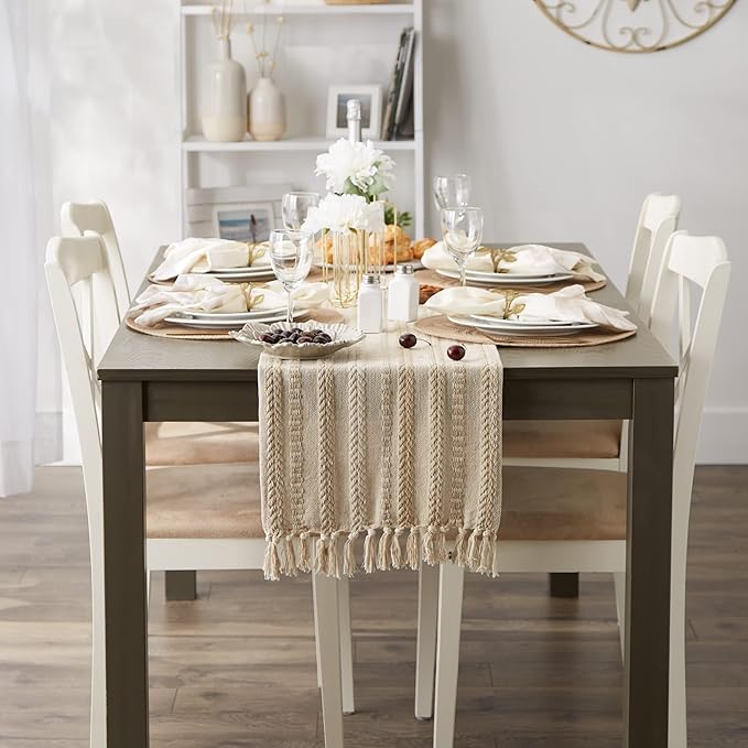 DII Farmhouse Braided Stripe Table Runner Collection, 15x72 (15x77, Fringe Included), Vintage Linen