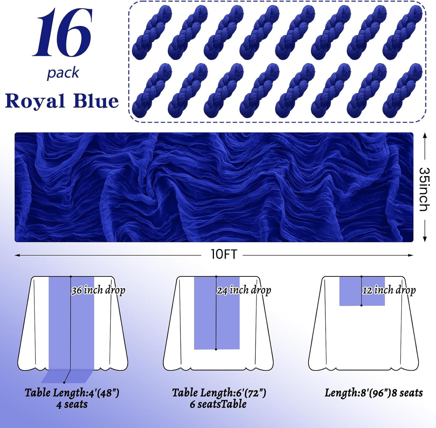 16Pack Royal Blue Table Runners 10FT Cheesecloth Table Runner 35x120Inch Long Boho Cheese Cloth Table Runner Rustic Gauze Table Runners for Party Wedding Bridal Shower Baby Shower Decorations