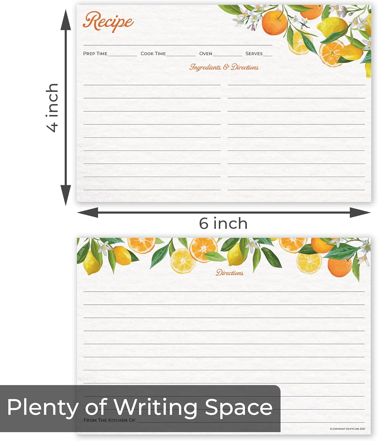 60 Pack | Recipe Cards 4x6 Double Sided | Orange & Lemon Design | Premium Durable | Easy to Write On | Blank Recipe Cards