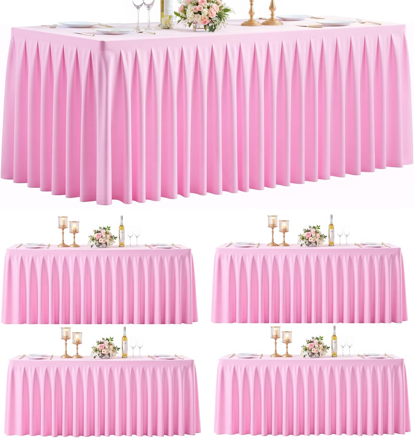 HB HBB MAGIC 4 Pack Pink Tablecloths for 6 Foot Rectangle Tables, Elegant Pleated Table Skirt – Wrinkle Free Stretch Fitted Table Cover for Weddings, Banquets, Birthday Parties & Events