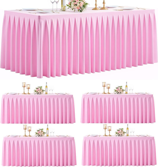 HB HBB MAGIC 4 Pack Pink Tablecloths for 6 Foot Rectangle Tables, Elegant Pleated Table Skirt – Wrinkle Free Stretch Fitted Table Cover for Weddings, Banquets, Birthday Parties & Events