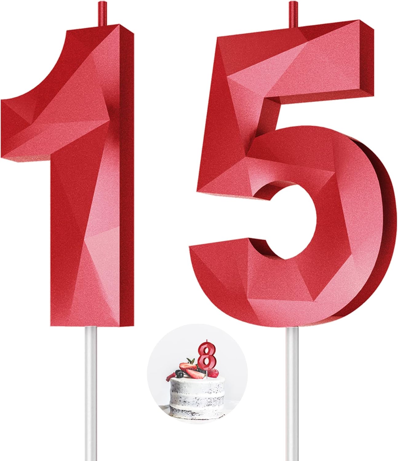 Number Birthday Candles(15 Candle Red) 3D Diamond Shape Number Happy Birthday Cake Candles for Birthday Party Wedding Decoration Reunions Theme Party