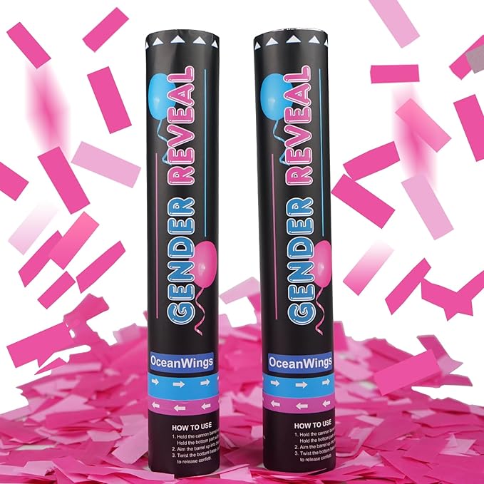 Gender Reveal Pink Confetti Cannon,Biodegradable Party Poppers for Girl, Baby Gender Reveal Decoration Ideas Party Favors 2 Pack