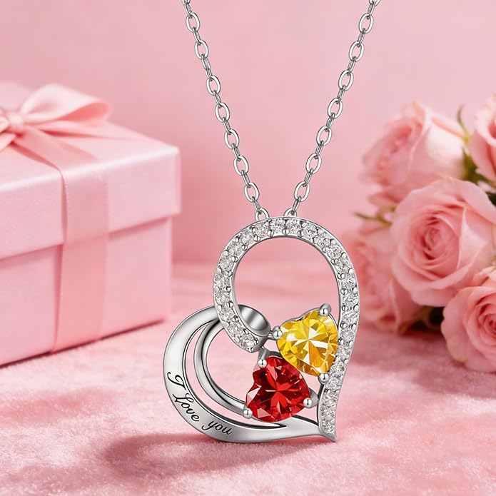 Double Birthstone Heart Necklace 0.8CT Dual-Gemstone S925 Sterling Silver Plated White Gold Engraved I Love You Perfect Anniversary/Valentine's Day Gift for Wife/Girlfriend/Mom/Daughter