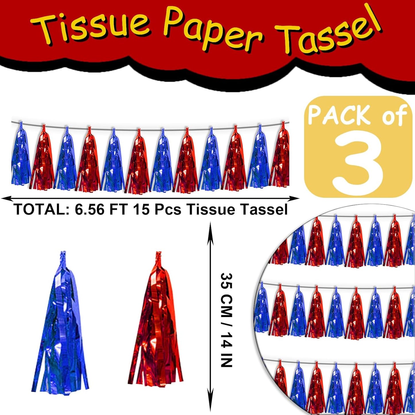 3P Blue Red Tassel Banner Garland Metallic Foil Fringe Banner Tinsel Tassels Streamer Banner Backdrop for Parade Floats, Graduation, Independence Day, 4th of july, Patriotic Themed Party Decoration