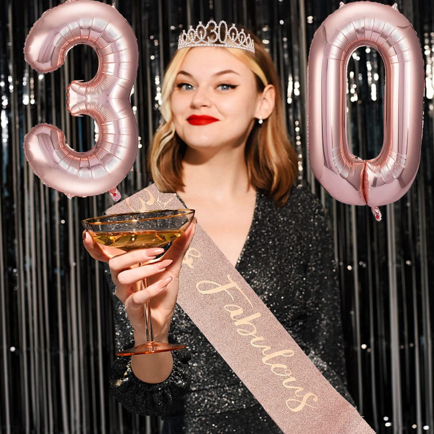 30th Birthday Decorations for Her, 30th Birthday Sash and Crown, Cake Topper and Candles, Pop Up Card, Number Balloons, 30 Year Old Gifts for Women, 10pcs