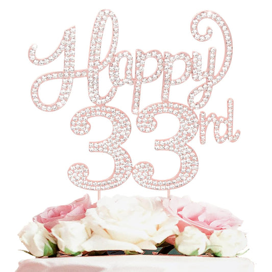 LASKYER Happy 33rd Birthday Rose Gold Rhinestone Cake Topper - 33rd Birthday/Anniversary,Cheers to 33 Years Old Bday Party Metal Sparkly Centerpieces Decorations.