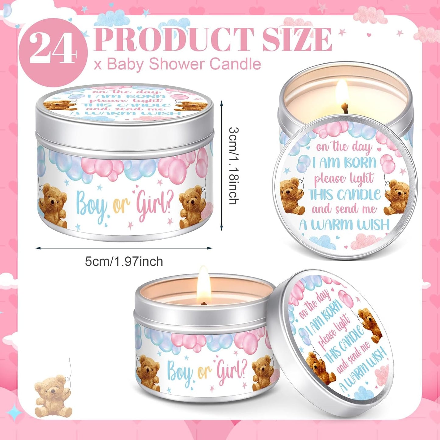 MTLEE 24 Pcs Gender Reveal Bear Baby Shower Party Favors Candles Lavender Scented Baby Shower Favors for Guests Rustic Tealights Candles Gender Reveal Return Gifts Girl Boy(1.2 Oz, Blue and Pink)