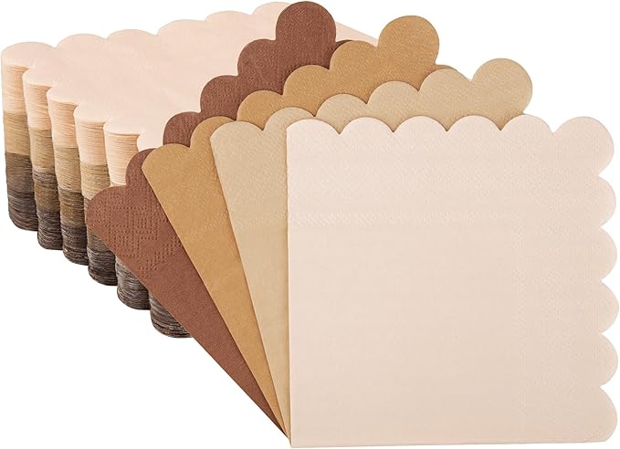 100 Pcs Brown Scalloped Napkins Gradient Color Cocktail Napkin Folded 5 x 5 Beverage Napkins Disposable Paper Napkins for Birthday Party Supplies