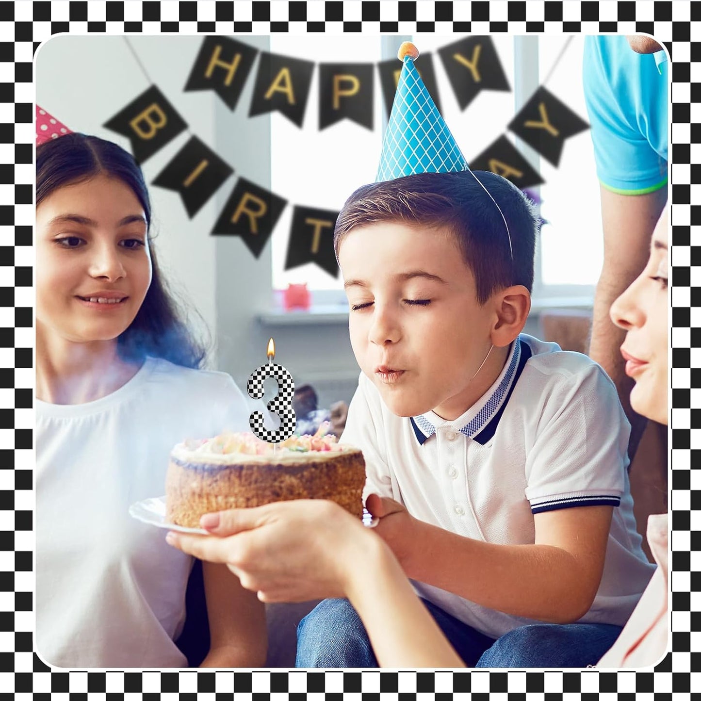 Racing Cars Themed Birthday Candle Number 3 Checkered Candle Birthday Party Decoration Cake Topper for Racing Car Party Decoration Theme Party Supplies (Number 3)