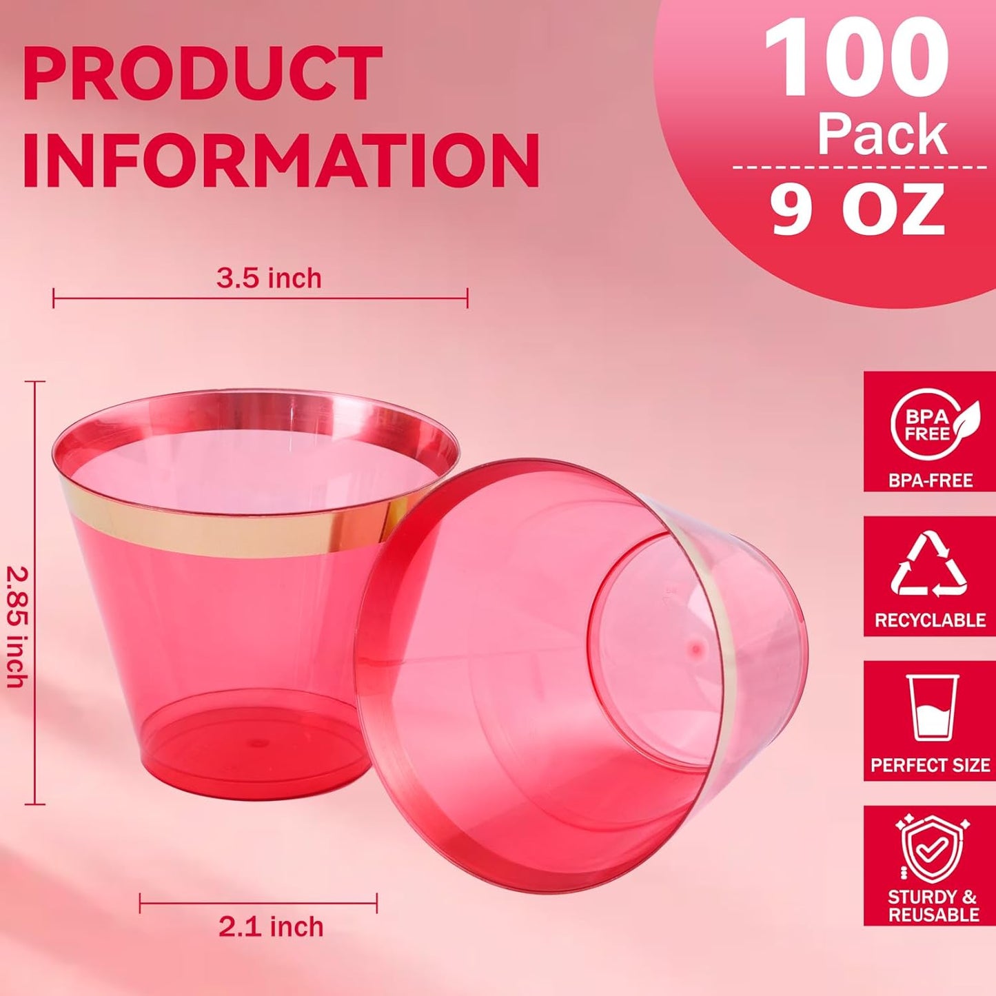supernal 100 Pcs Red Cups, 9oz Red Plastic Cups with Gold Rim, Plastic Wine Cocktail Glasses Perfect for Party, Wedding and Birthday, Cute Cocktail Party Cup Disposable Wine Glasses