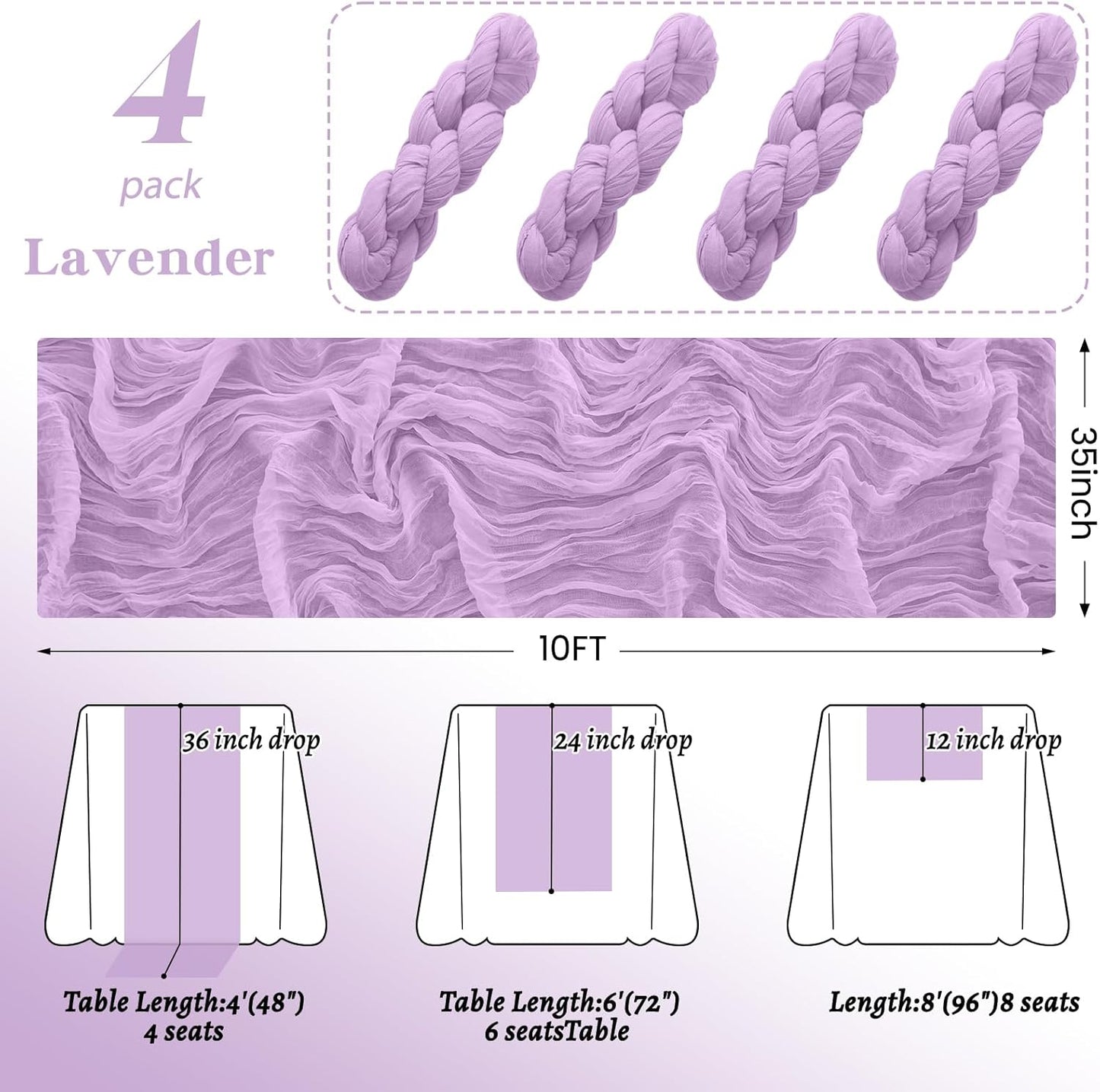 4Pack Lavender Table Runner 10FT Cheesecloth Table Runner 35x120Inch Long Boho Cheese Cloth Table Runners Rustic Gauze Table Runners for Party Wedding Bridal Shower Baby Shower Decorations