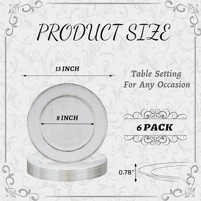 MAONAME 13" Round Charger Plates Set of 12, Antique White Plate Chargers, Plastic Charger for Dinner Plates, Beaded Table Chargers for Wedding, Party