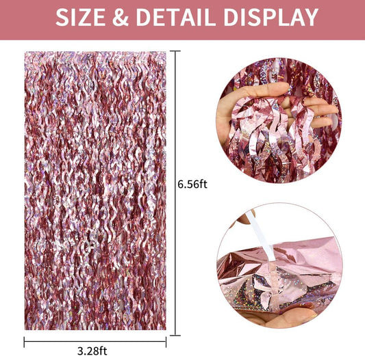 TONIFUL 3Pcs Wavy Metallic Tinsel Foil Fringe Curtains Rose Gold Streamer Backdrop for Photo Booth Props,Party Door Wall Curtain,Bachelorette,Birthday,Anniversary,Bridal Shower Decor (9.9ft x 6.6ft)