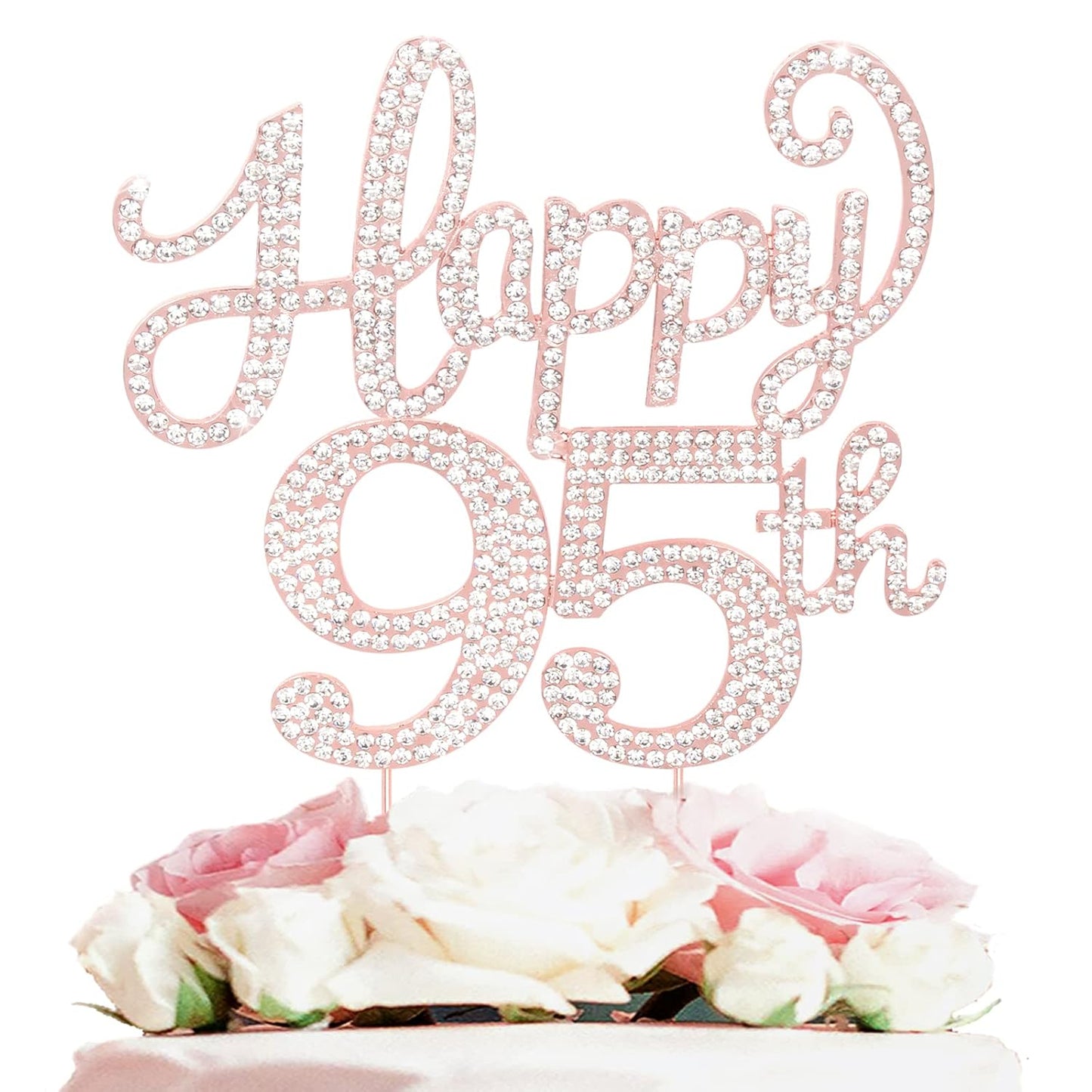 Happy 95th Birthday Rose Gold Rhinestone Cake Topper - 95th Birthday/Anniversary,Cheers to 95 Years Old Bday Party Metal Sparkly Centerpieces Decorations.