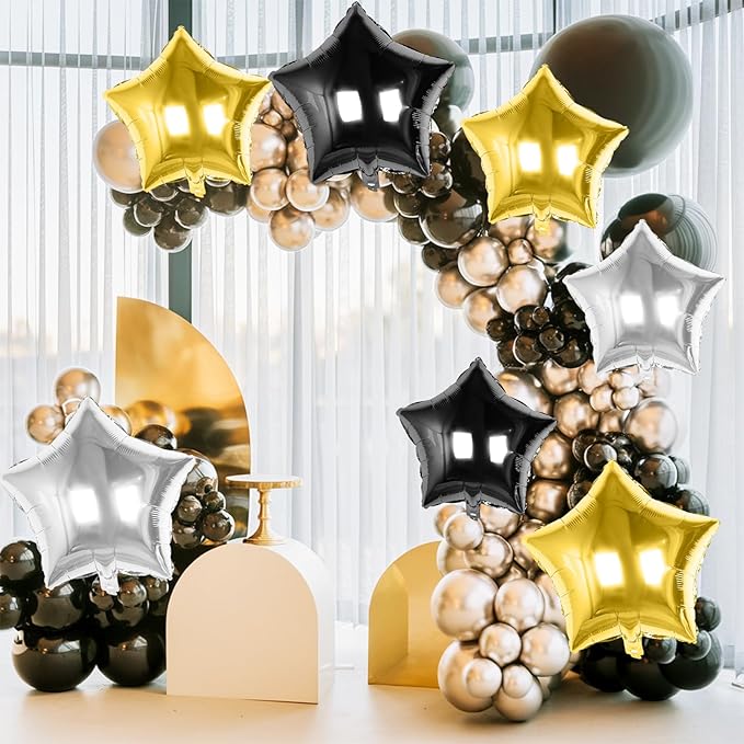 Black Gold Silver Star Foil Balloons, 10PCS Foil Stars Shape Balloons, 18 Inch Metallic Black and Gold Stars Balloon for Helium Pentagram Balloon for Birthday, New Years, Graduation Party Decorations