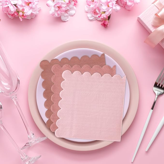 Whaline 150Pcs Dusty Pink Cocktail Napkin Gradient Color Scalloped Paper Napkin 3 Colors Thick Disposable Party Dinner Dessert Beverage Napkin for Party Supplies Table Decor, 5 x 5 In