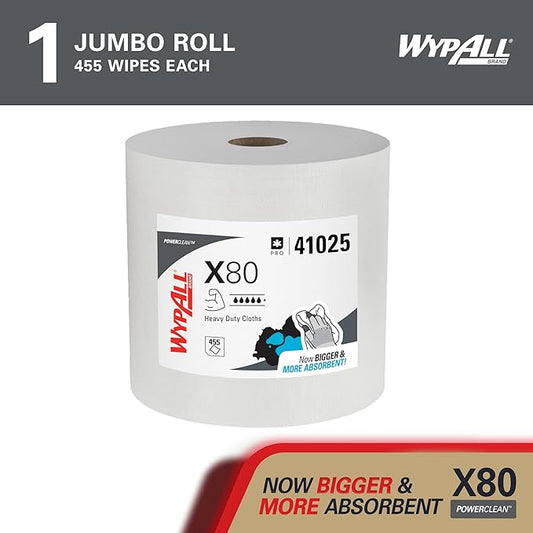 WypAll PowerClean X80 Cloths Heavy Duty Wipes (41025), Jumbo, Extended Use Towels, White (1 Roll of 475 Sheets, 475 Sheet Total)