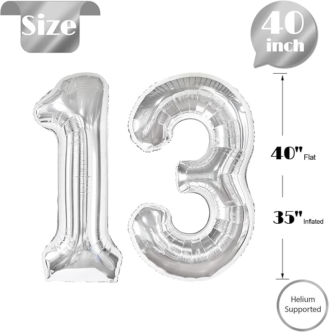 Silver Number 13 Balloon 40 inch, 13 Number Balloons, 13th Silver Birthday Decorations for Girls Boys Kids, 13 Year Old Silver Party Supplies