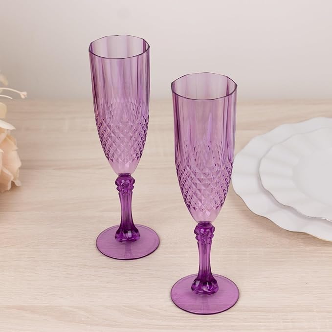 Efavormart 6-Pack Champagne Glasses, 8oz Shatterproof Plastic Crystal Cut Toast Flutes, Purple for Party Celebration Wedding