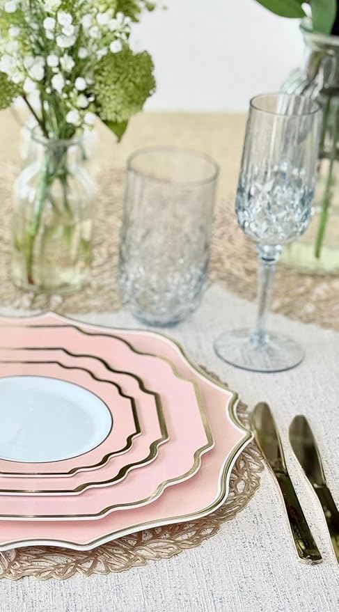 " OCCASIONS " 40 Pieces 13.25'' Scalloped Disposable/Reusable Plastic Charger Plates for Wedding, (Scalloped Imperial Blush & Gold)