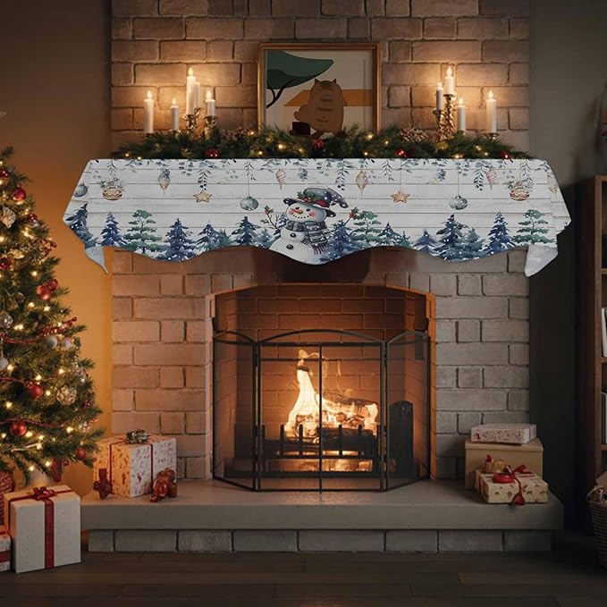 Blue Snowman Christmas Fireplace Mantel Scarf Table Runner, Xmas Snowflake Eucalyptus Leaves Wooden Winter Garland Mantel Top Tablerunners Dresser Scarves Cover for Windows Party Living Room 70''x17''