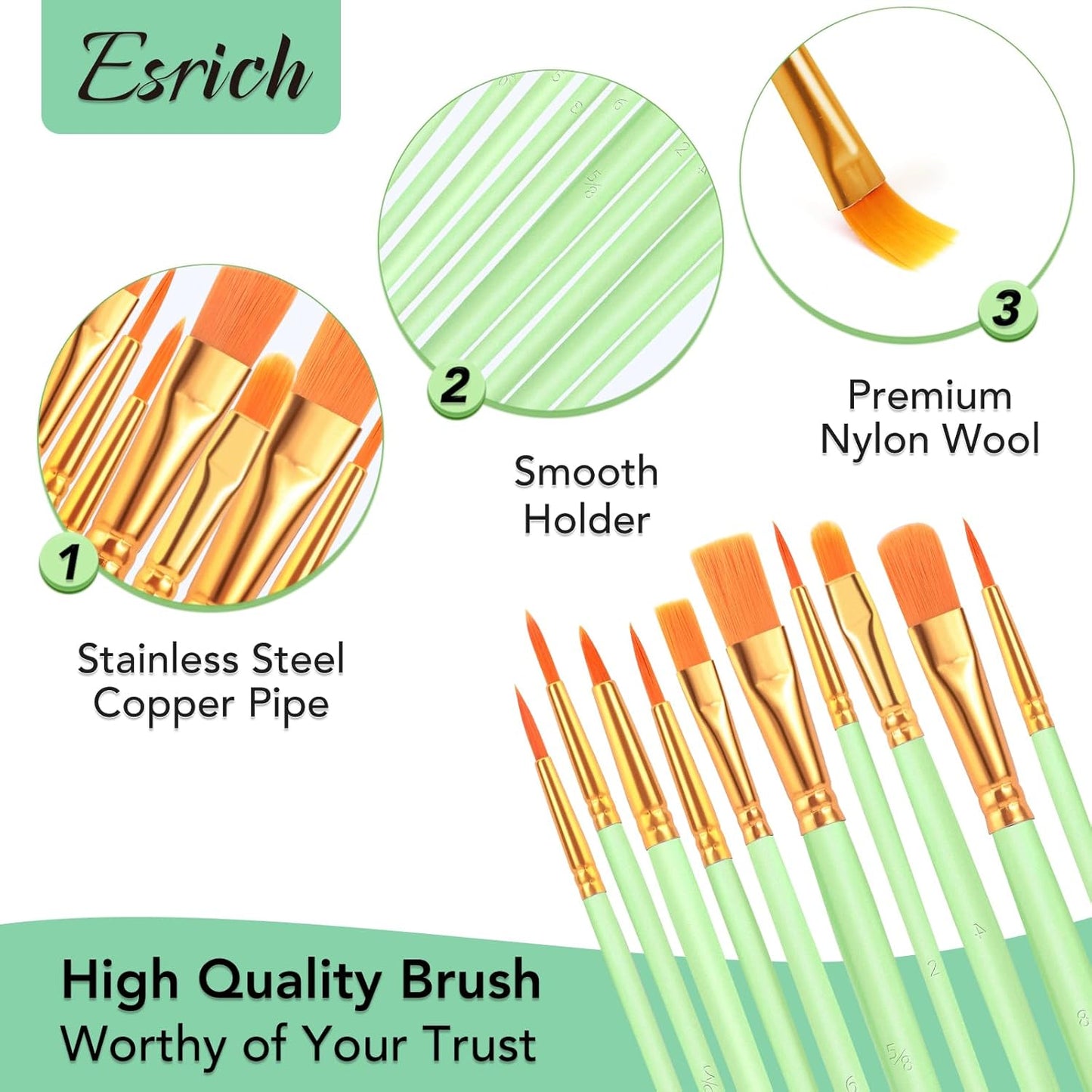 ESRICH Paint Brushes Set,24 Packs 240 Pcs Acrylic Paint Brush Set,Acrylic Oil Watercolor, Face Nail Art, Miniature Detailing,Rock Painting,Painting Artist Professional Kits(Green)