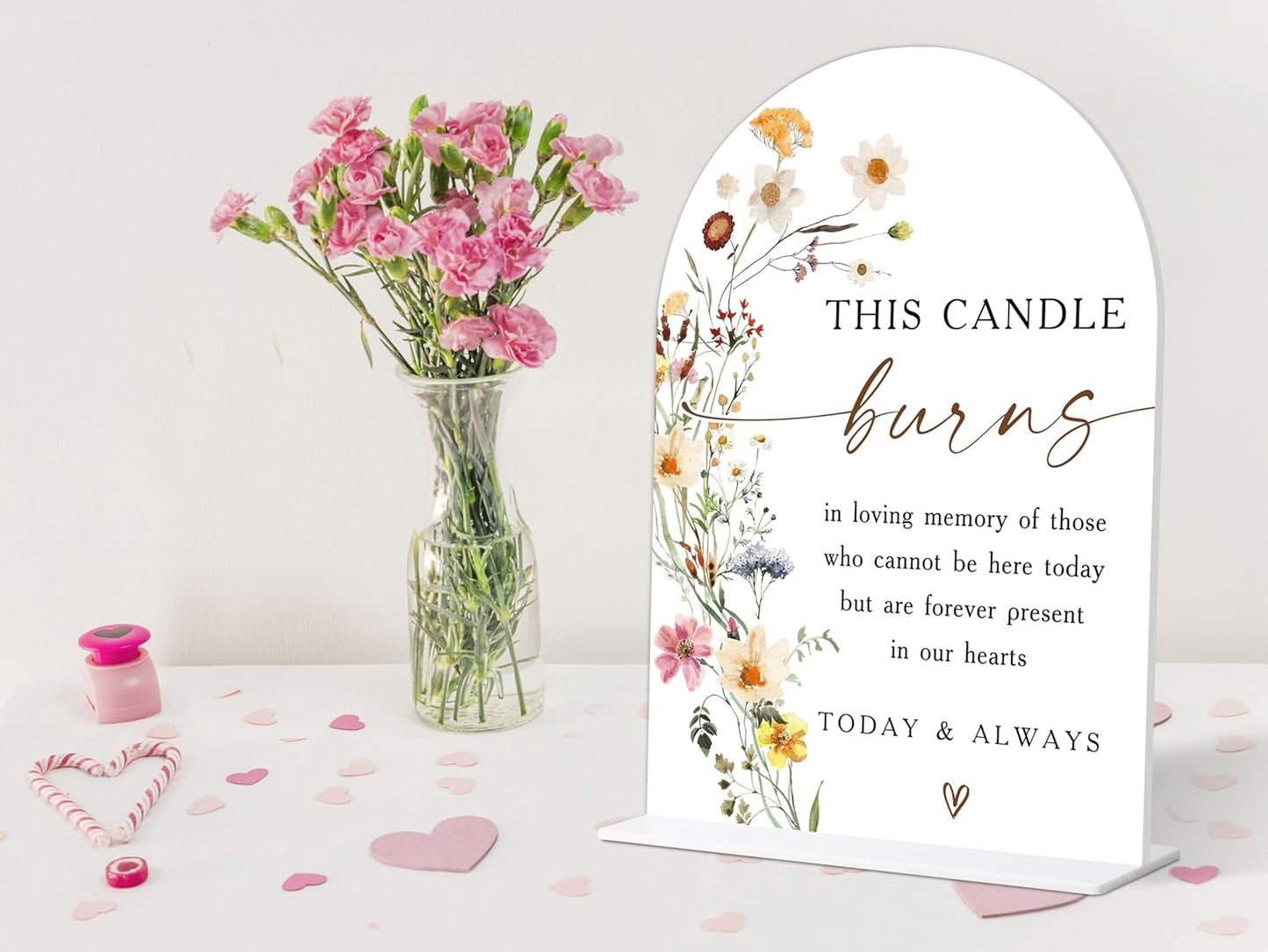Wedding Memorial Sign, Flower Style Wedding Table Signs for Reception and Event Party, Bridal Shower, Engagement, Centerpiece Party Decor, Memorial Plaque, 6X8 Inch Acrylic Arch Sign with Stand,24