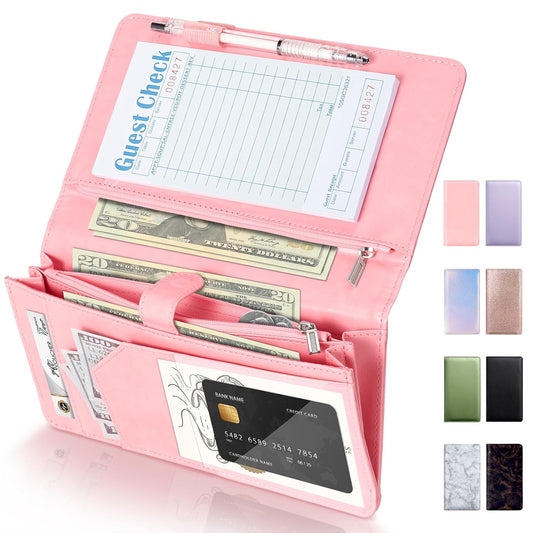Server Book High Volume, Expandable Server Book,5"×9", Waitress Waiter Book, Sturdy Leather Waitress Book with 2 Zipper Pockets and Magnetic Pocket, Server Books Fit Server Apron (Pink)
