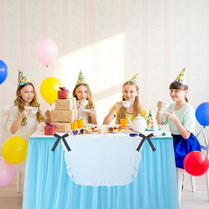 5 Pcs Wonderland Party Decorations Wonderland Table Cloth Blue Mesh Table Group, White Tablecloth Black Bow for Tea Party Celebrations Hatter Birthday Mother's Day