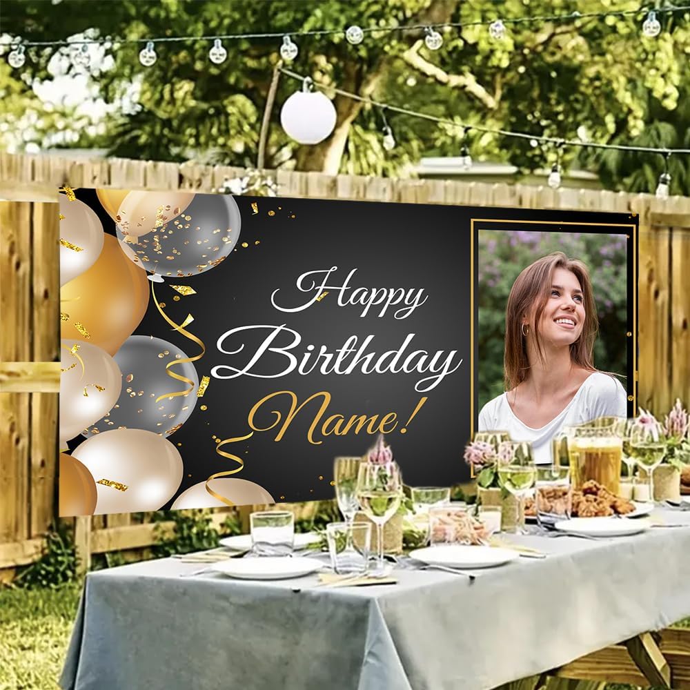 Generic Personalized Happy Birthday Banner, Customized With Photo And Name, Indoor And Outdoor Use, 12x24 inches, Red