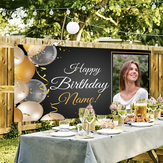 Generic Personalized Happy Birthday Banner, Customized With Photo And Name, Indoor And Outdoor Use, 12x24 inches, Red