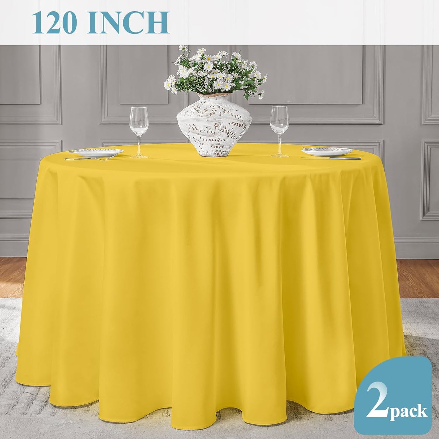 VidaFete Tablecloth 2 Pack 120inch Round Table Cloth Polyester, Stain Wrinkle Resistant Polyester Dining Table Cover for Kitchen Dinning Party Wedding Round Tabletop Buffet Decoration(Yellow)