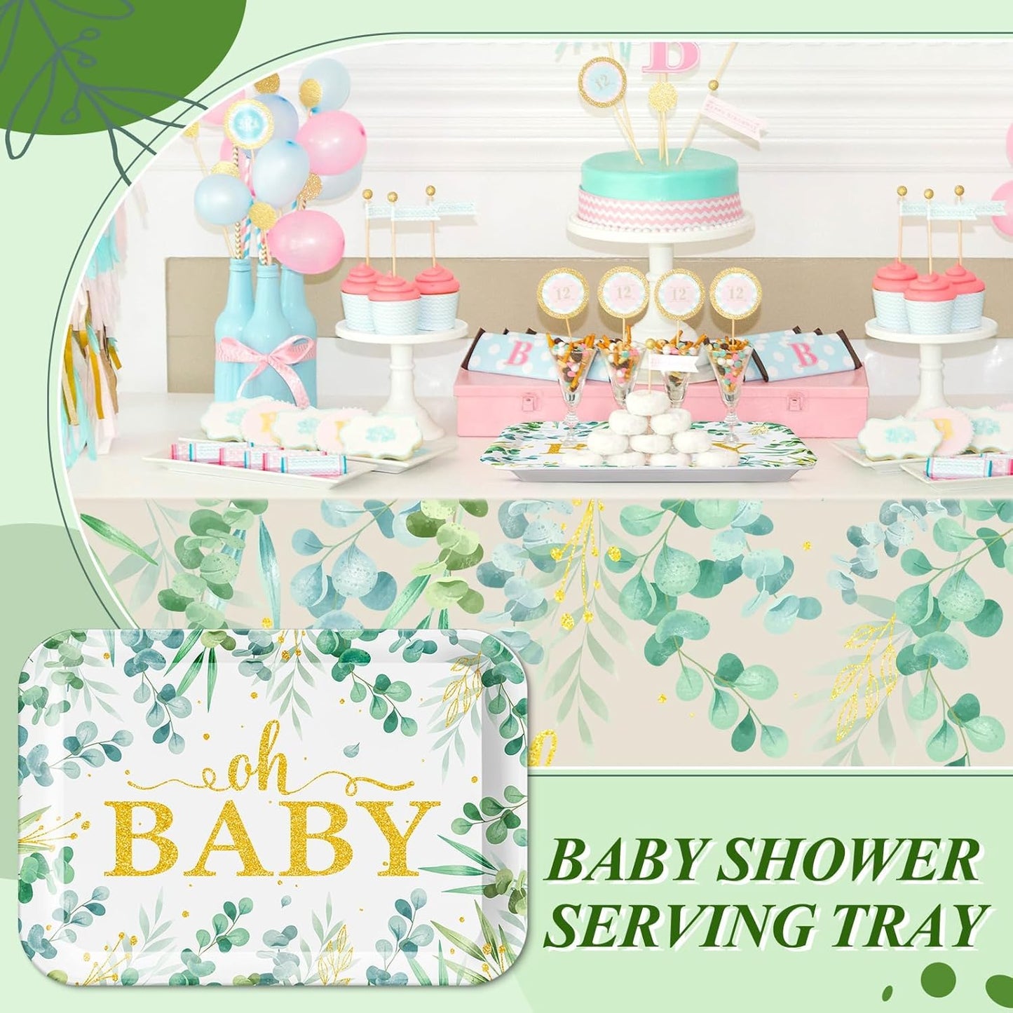 Greenery Baby Shower Serving Tray - 3 PCS Melamine Platters Sage Green Baby Shower Party Supplies 13" Eucalyptus Leaves Oh Baby for Gender Reveal Decorations Birthday Neutral Party Favors