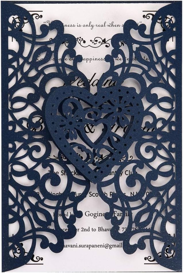 FOMTOR Laser Cut Wedding Invitations Kit 50 Packs Laser Cut Wedding Invitations with Blank Printable Paper and Envelopes for Wedding,Birthday Parties,Baby Shower (Navy Blue)