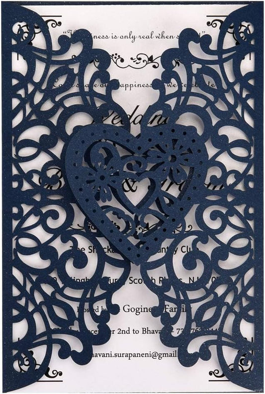 FOMTOR Laser Cut Wedding Invitations Kit 50 Packs Laser Cut Wedding Invitations with Blank Printable Paper and Envelopes for Wedding,Birthday Parties,Baby Shower (Navy Blue)