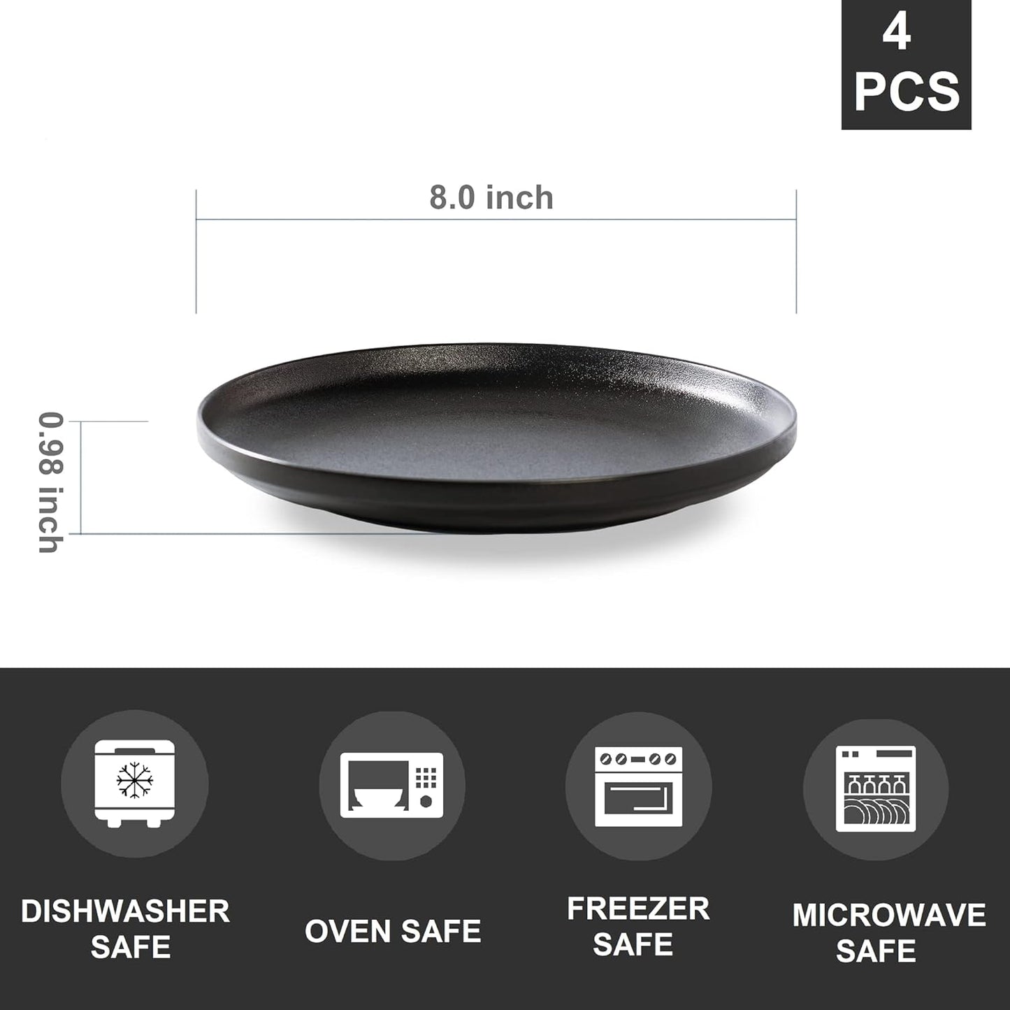 Ceramic Flat Plates Set of 4-8 in - The Dessert, Salad, Appetizer, Small Lunch, etc Plate. Microwave, Oven, and Dishwasher Safe, Scratch Resistant. Kitchen Porcelain Dish-Matte Black