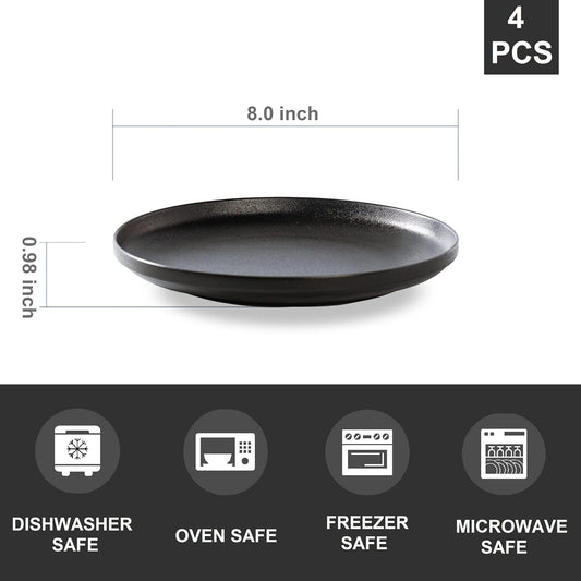 Ceramic Flat Plates Set of 4-8 in - The Dessert, Salad, Appetizer, Small Lunch, etc Plate. Microwave, Oven, and Dishwasher Safe, Scratch Resistant. Kitchen Porcelain Dish-Matte Black
