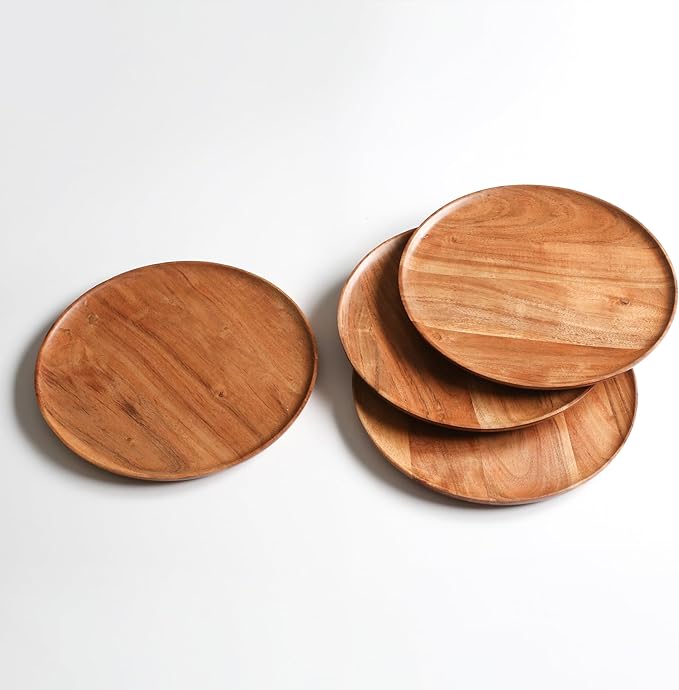 Lightnpro Acacia Round Wooden Charger Plates - Appetizer Plates, Centerpiece Tableware, Service Plates for Salad, Sandwiches, Burgers, Dinner, Lunch, Weddings, Catering - Set of 4, 10 Inch, Natural
