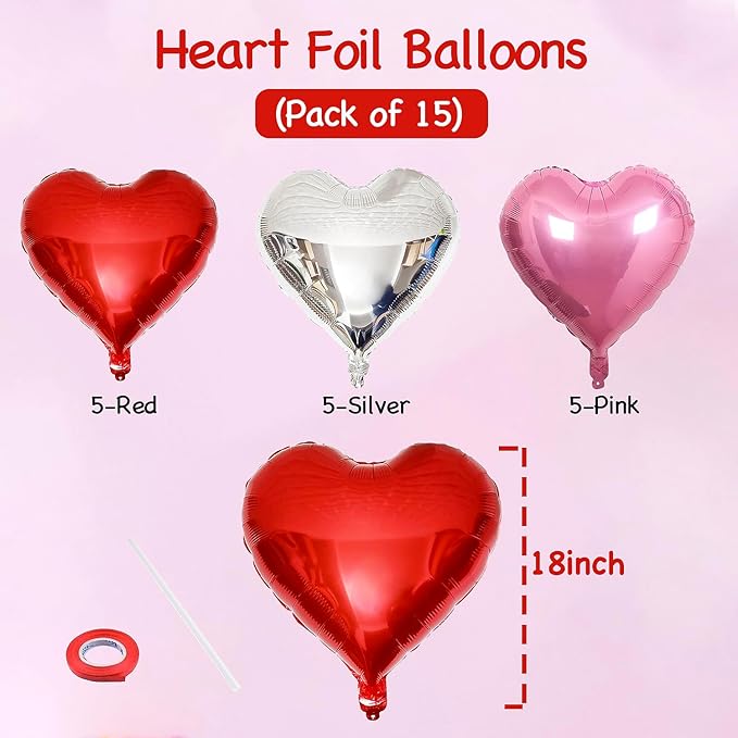 Upgraded Pink Silver and Red Balloons - Pack of 15 - Heart Shaped Foil Balloons for Valentines Day Wedding Birthday Bridal Shower Baby Shower Decorations
