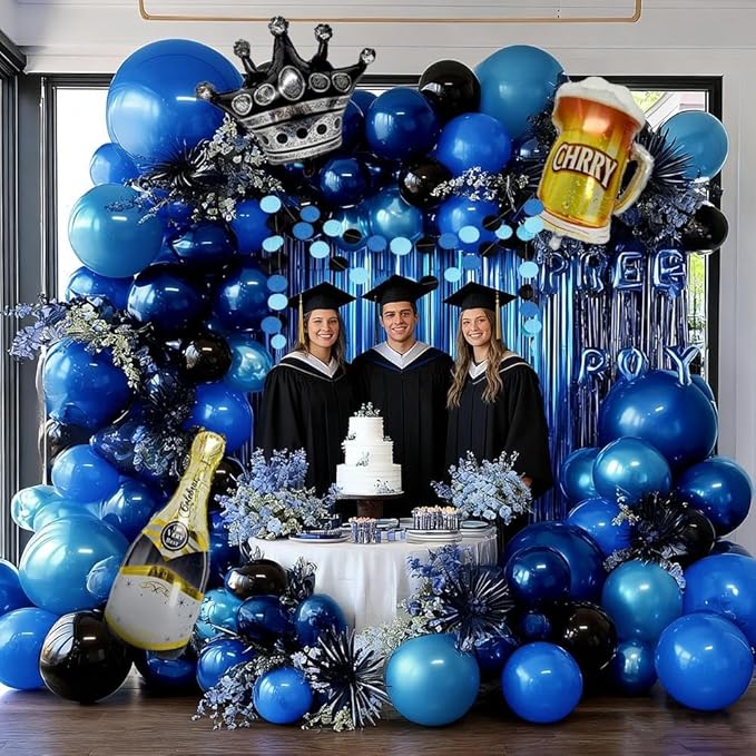 Blue Black Balloon Garland, Double Stuffed Dark Royal Navy Blue Balloons Fringe Curtains, Foil Balloons, Birthday Banner Decorations for Men Birthday Baby Shower Father's Day Graduation Party Supplies
