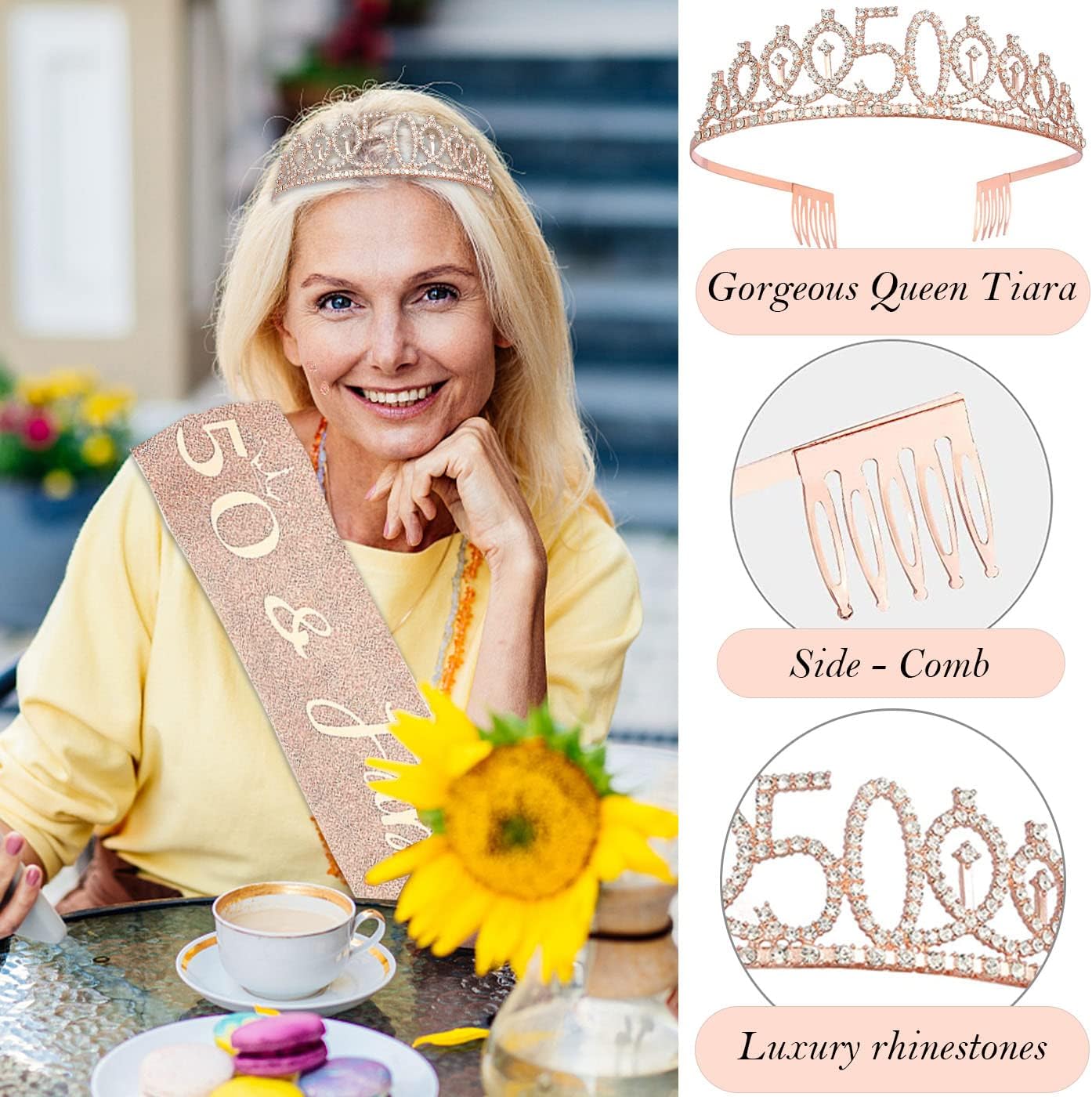 50th Birthday Gifts Decorations for Women, Including 50th Cake Toppers, Birthday Queen Sash with Pearl Pin, Sweet Rhinestone Tiara Crown, Number Candles and Balloons Set, Rose Gold