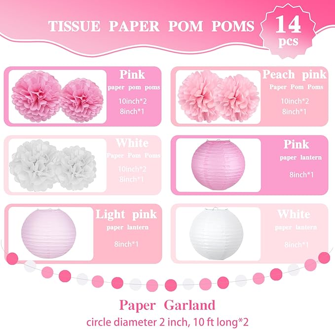 14 Pcs Pink Party Decorations Kit - Tissue Pom Poms, Lanterns & Polka Dot Garland for Girls Birthday, Baby Shower, Bachelorette, Princess Theme, Bridal Shower, Valentine's & Mother's Day