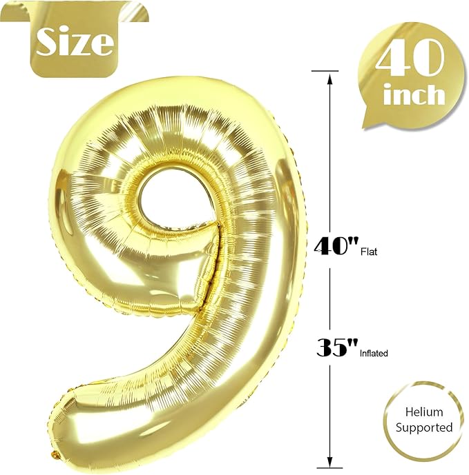 Light Gold Number 9 Balloon 40 Inch, 9th Birthday Party Decorations for Children, Giant 9 Foil Balloon for Party Supplies