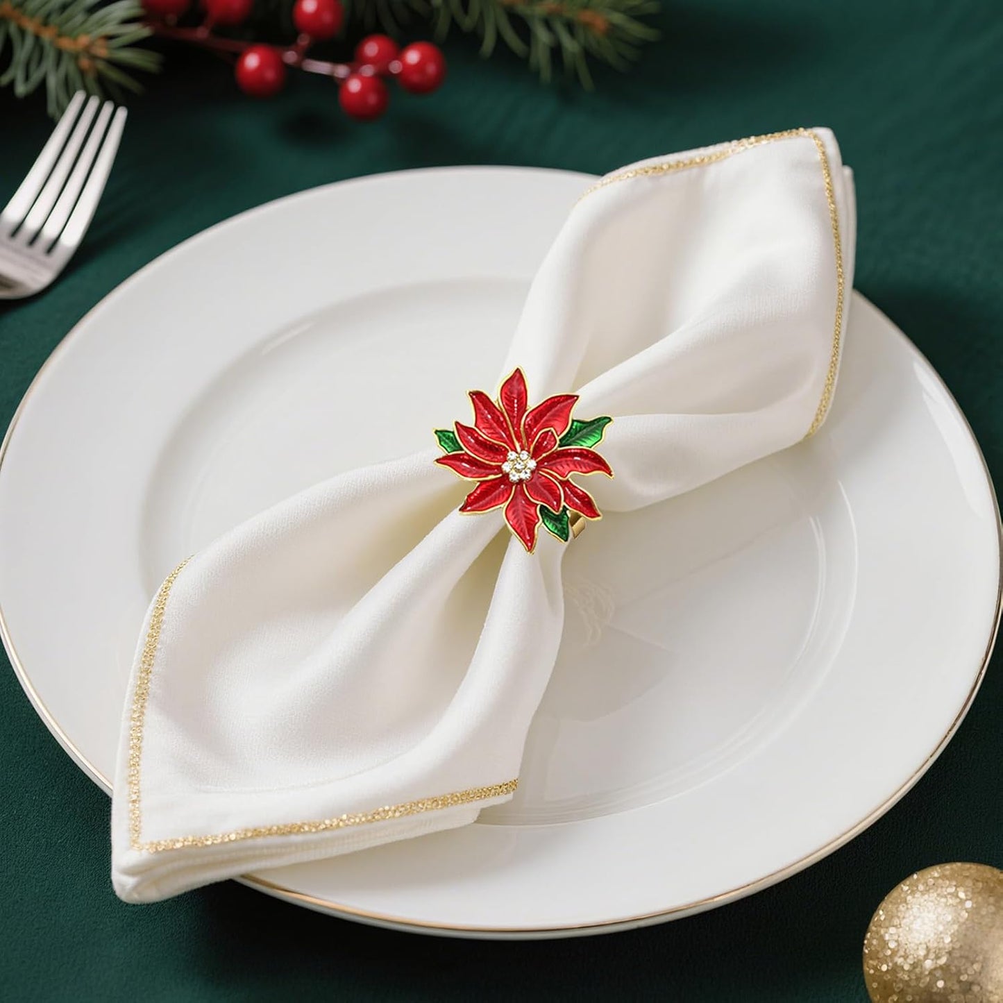 Christmas Poinsettia Flower Napkin Rings Set of 6 for Christmas New Year Valentine's Day Banquet,Red Floral Napkin Rings Holder for Wedding Anniversary Brithday Holiday Family Dinner Decor