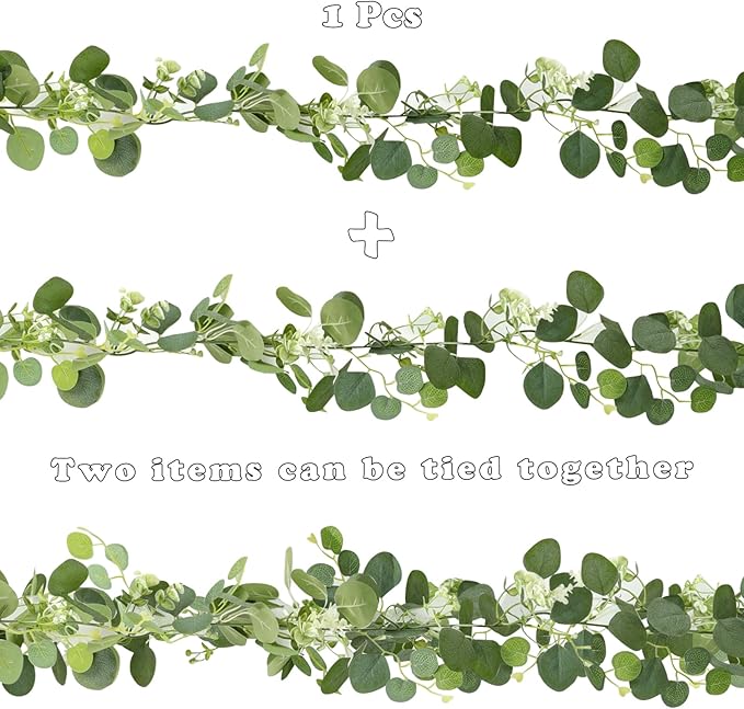 Artificial Eucalyptus Garland with gypsophila Flowers 2pcs 11.8ft Faux Greenery Garland Fake Eucalyptus Leaves for Wedding Arch Farmhouse Mantle Table Runner Decor Centerpiece Home Party Decor (green)