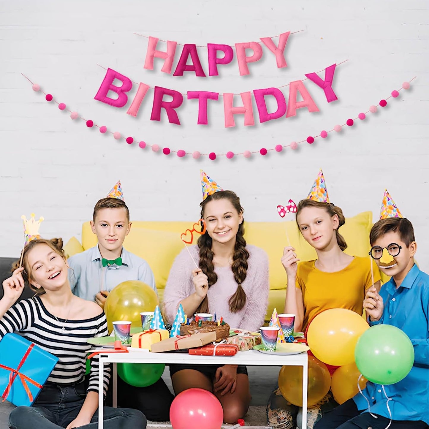 Pink Happy Birthday Banner Felt Ball Garland Pre-Strung Happy Birthday Sign for Party Backdrop Decorations Photo Prop