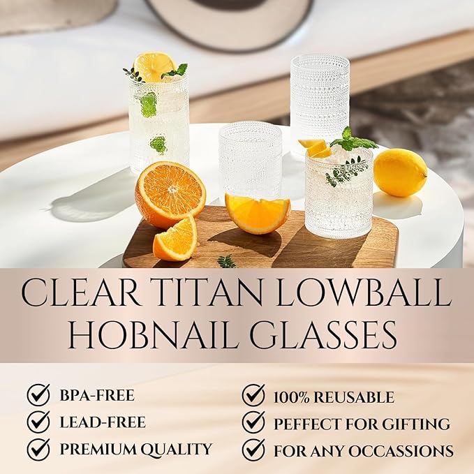 Plastic Hobnail Drinking Glasses Set of 6 Tritan Lowball Cups 14oz, Shatterproof & Unbreakable Acrylic Beaded Design, BPA-Free, Dishwasher Safe Indoor/Outdoor Drinkware for Water, Juice, Cocktails